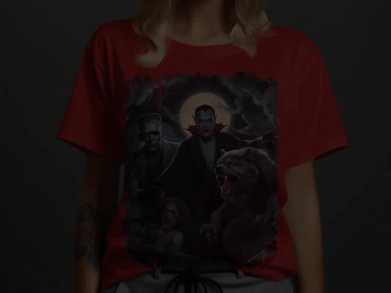 クラシックホラーモンスターTシャツ：吸血鬼、狼男、フランケン